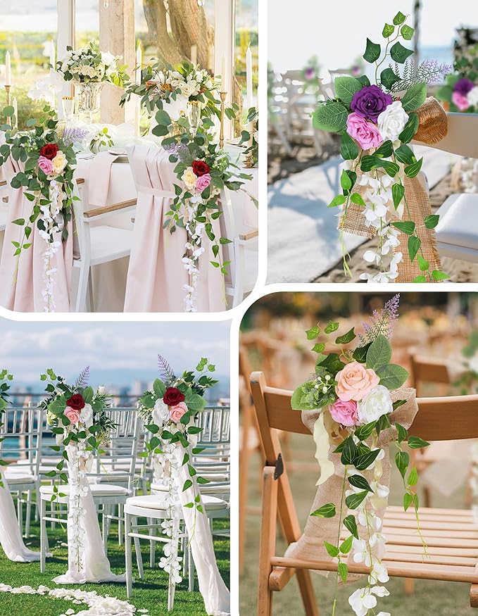 Wedding Aisle Decorations Set of 10 Chair Back Flowers Floral Pew Wedding Decorations for Ceremony with Chiffon Ribbons Fall Decor