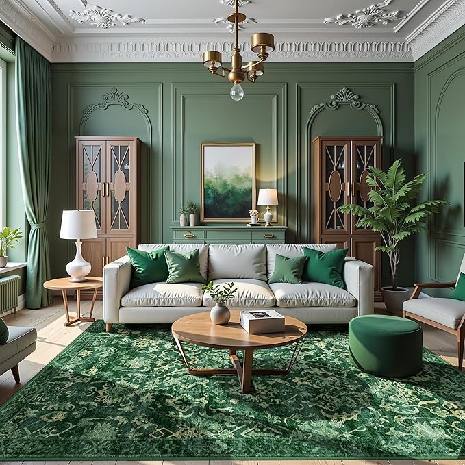 Deep Green Area Rugs 6x8 Rugs for Living Room, Washable Vintage Rugs for Bedroom, Distressed Throw Rug, Non Slip Rug Floral Carpet Green Area Rug for Bedroom Dining
