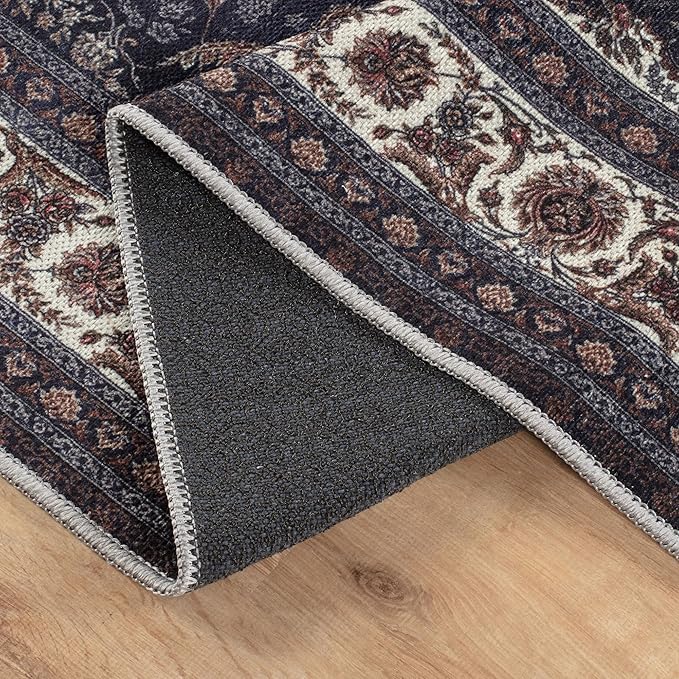 Bloom Rugs Washable Non-Slip 10 ft Runner - Navy Traditional Medallion Runner for Entryway, Hallway, Bathroom, and Kitchen - Exact Size: 2.5' x 10'