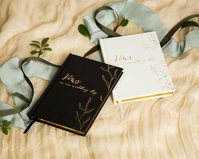 MUUJEE Vows On Our Wedding Day Vow Books (Set of 2) - Black and White Gold Foil Embossed Notebook Journal for Wedding Ceremony Vow Renewal - Wedding Gift Ideas