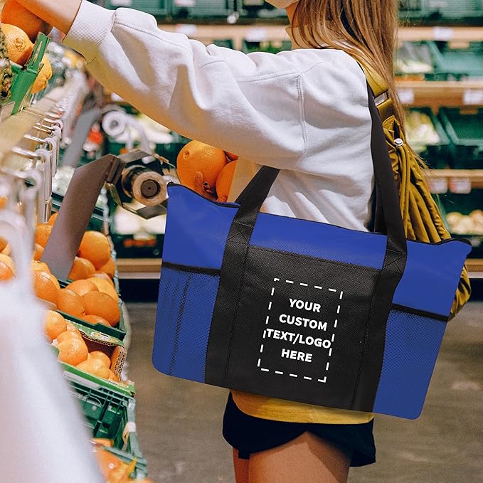DISCOUNT PROMOS 10 Zippered Non-Woven Tote Bags Set - Customizable Text, Logo - Mesh Pocket, Zippered, Recyclable, Reusable - Blue - 19"X14"X3", with Zipper