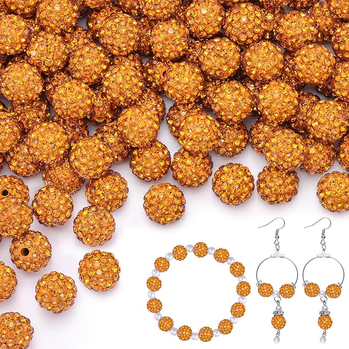 100 pcs 10mm Rhinestone Beads for Jewelry Making, Golden Shiny Round Shamballa Disco Beads Bulk, Sparkle Crystal Clay Christmas for Bracelet Baseball Necklace Earring Crafting and DIY