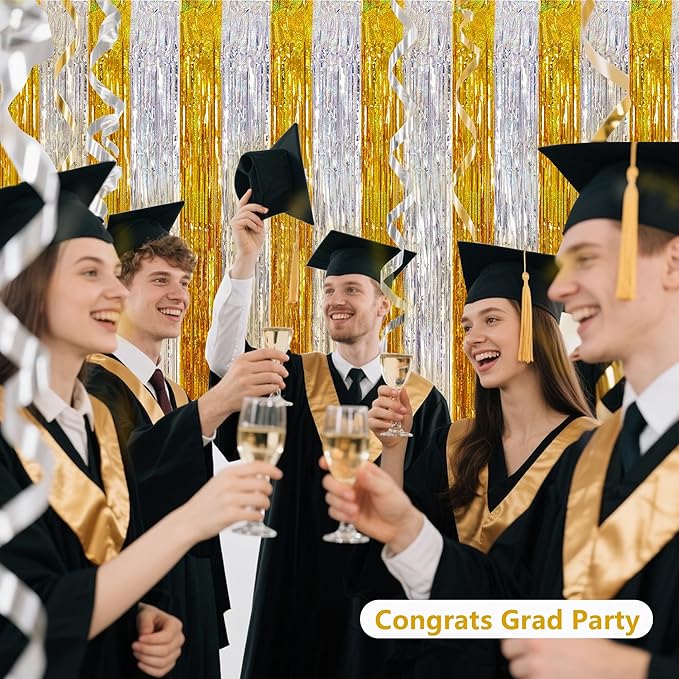 BEISHIDA Gold Silver Door Streamers Backdrop Foil Fringe Tinsel Party Streamers Curtains Photo Backdrop - 2Pcs for Birthday Graduation Bachelorette Party Decoations