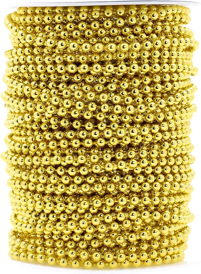 Mandala Crafts 4mm Faux Metallic Gold Pearl Beads Roll - 44 Yards Strand of Fake Pearls Chain Garlands Spool String for Christmas Tree, Wedding, Party, Vases, DIY Decoration