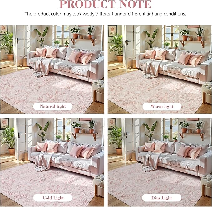 Pink Extra Large Area Rug 10x14 for Living Room, Distressed Washable Rug for Dining Room Bedroom, Anti-Slip Low-Pile and Soft Accent Rug Farmhouse Office Home Decor