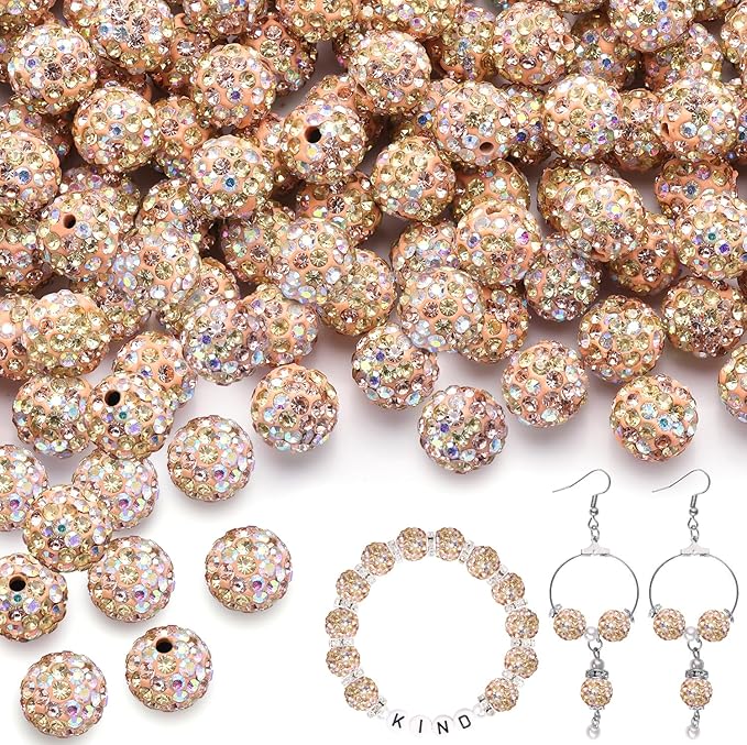 100pcs 10mm Rhinestone Beads for Jewelry Making, Light Peach AB Shiny Round Shamballa Disco Beads Bulk, Sparkle Crystal Clay Christmas for Bracelet Baseball Necklace Earring Crafting and DIY