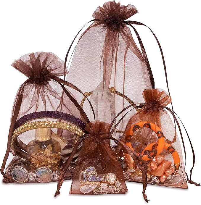 TheDisplayGuys 48-Pack 2" x 2-3/4" Brown Sheer Organza Gift Bags with Drawstring, Goodie Bags for Jewelry, Candy Bags, Treat Bags, Wedding Favors Small Mesh Bags