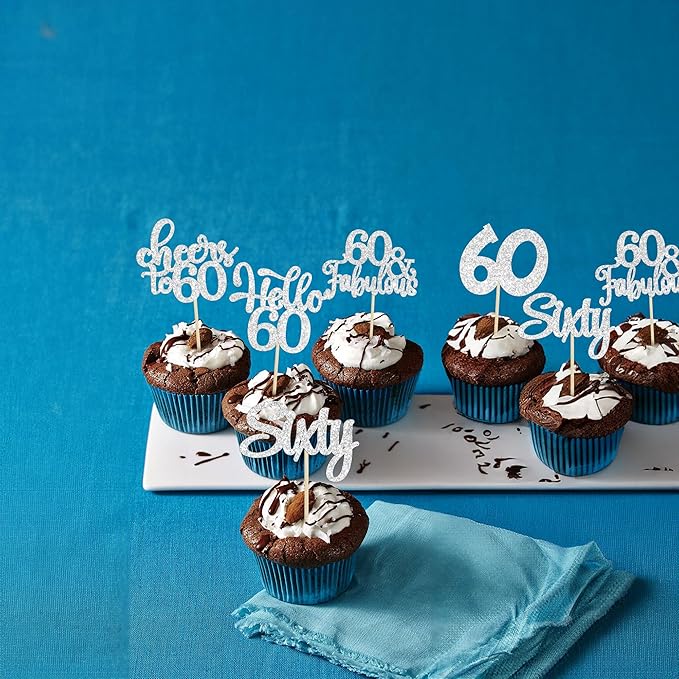 30Pcs Happy 60th Birthday Cupcake Toppers Silver Glitter Sixty Cake Toppers Cheers to 60 Years Old Birthday Cupcake Picks for 60th Birthday Anniversary Party Cake Decorations Supplies