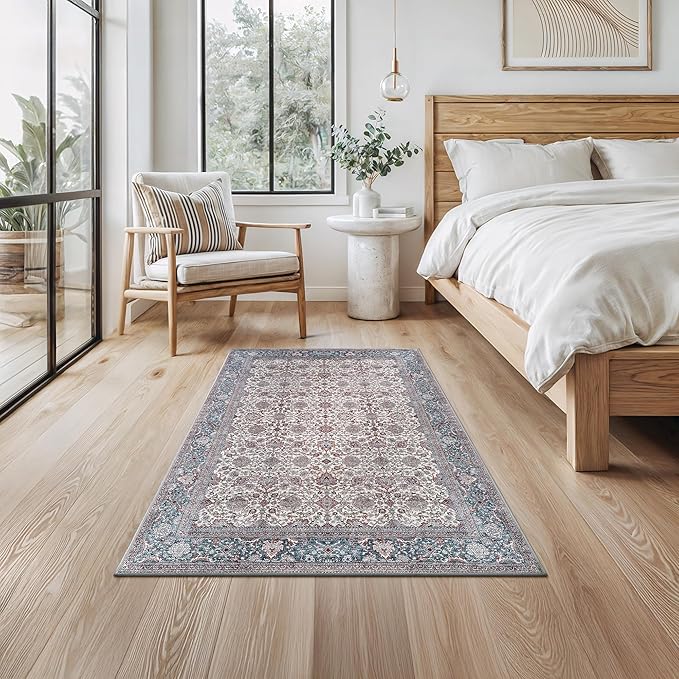 Bloom Rugs Washable Non-Slip 3' x 5' Rug - Teal/Blue/Beige Traditional Oriental Area Rug for Living Room, Bedroom, Dining Room, and Kitchen - Exact Size: 3' x 5'