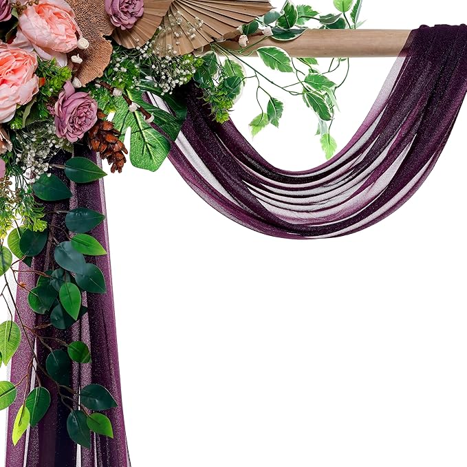 VDS Pack of 2 Panel (30 Inch X 50 Feet) Wedding Arch Draping Fabric Sheer Chiffon Fabric Drapery for Wedding Ceremony Reception Swag Backdrop Canopy Chuppah ARBO Altars Decoration (Eggplant)