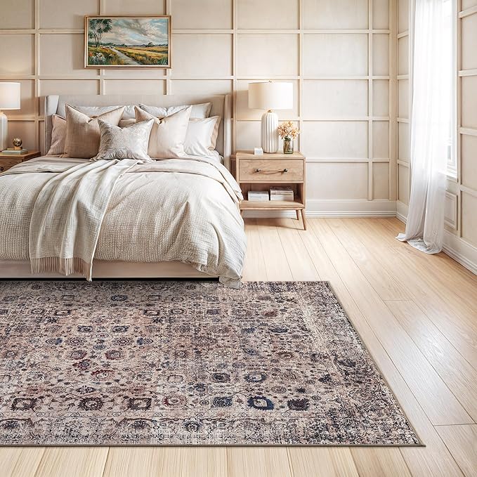 Bloom Rugs Washable Non-Slip 6' x 9' Rug - Light Tan/Blue Traditional Oriental Area Rug for Living Room, Bedroom, Dining Room, and Kitchen - Exact Size: 6' x 9'