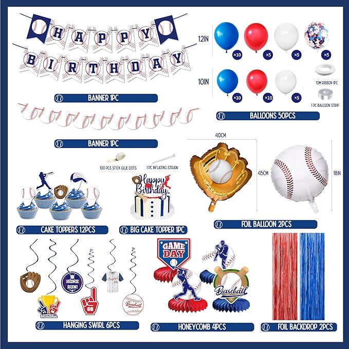 Baseball Party Decorations, Baseball Birthday Party Supplies Kit, Include Sport Themed Birthday banner, Foil Fringe,Hanging Swirls, Baseball Balloons, Cake&Cupcake Toppers