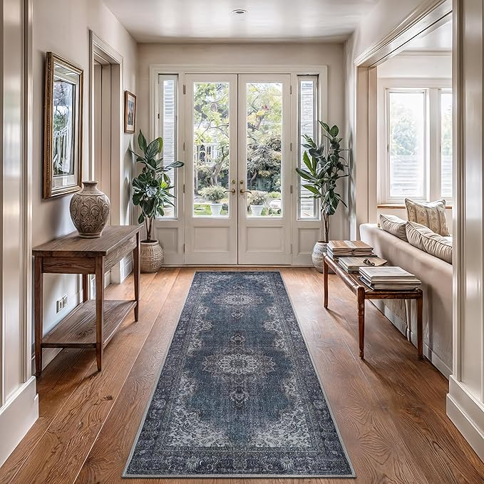 Bloom Rugs Washable Non-Slip 7 ft Runner - Dark Teal Traditional Medallion Runner for Entryway, Hallway, Bathroom, and Kitchen - Exact Size: 2.5' x 7'
