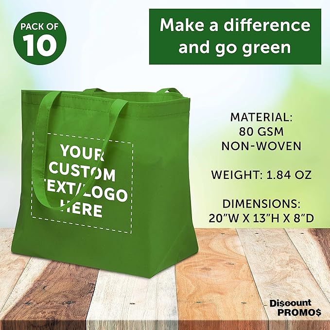DISCOUNT PROMOS Custom Southern Style Grocery Tote Bags Set of 10 - Personalized Bulk Pack, Reusable Grocery & Shopping Bags - Great for Travel, Business Promotions - Lime Green - 20"X13"X8"