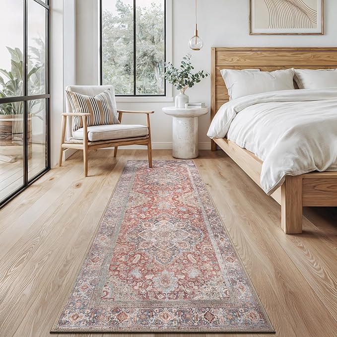 Bloom Rugs Washable Non-Slip 12 ft Runner - Red/Blue Traditional Medallion Runner for Entryway, Hallway, Bathroom, and Kitchen - Exact Size: 2.5' x 12'
