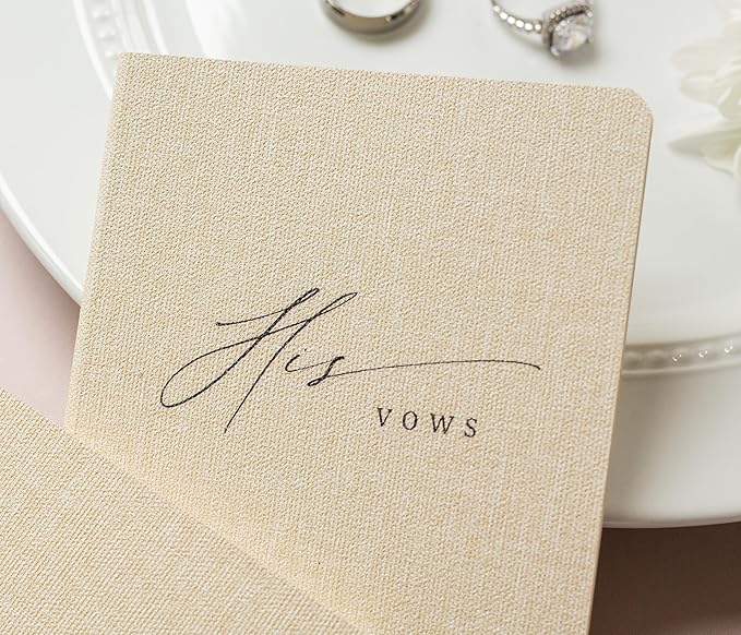 Slim Vow Books (Set of 2 - Design 5) - Soft Cream Canvas Linen Textured Cover Wedding Vow Booklets, Ceremony Speech Promise Notebook Journal, Gift for Newly Engaged Couple, 48 Lined Pages, 5.75" x 4"