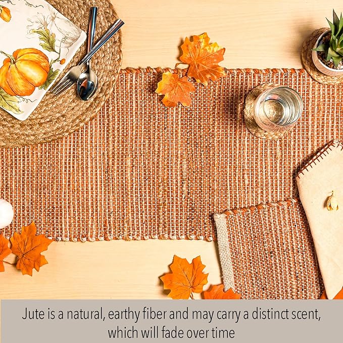 Chardin home Natural Jute Table Runner 13x48 Inch – Vintage Boho Rustic Table Decor – Handwoven Table Runner in Natural Jute and Rust Orange – Farmhouse Dining or Console Table Accent