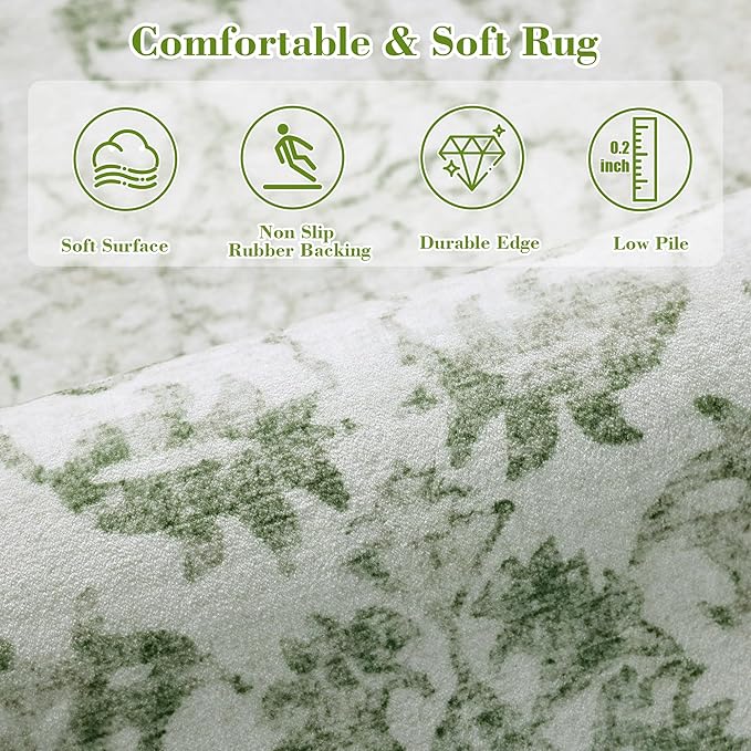 Sage 3x10 Runner Rug for Hallways Bed Side Kitchen, Boho Washable Distressed Low-Pile Floor Entryway Long Bathroom Mat, Non-Slip Laundry Room Washstand Front Carpet Green 36x84 Inch