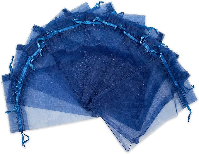 TheDisplayGuys 48-Pack 6x8 Navy Blue Sheer Organza Gift Bags with Drawstring, Jewelry Candy Treat Wedding Party Favors Mesh Pouch