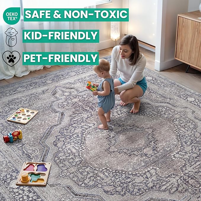 Bloom Rugs Washable Non-Slip 3' x 5' Rug - Blue/Steel Gray/Beige Traditional Medallion Area Rug for Living Room, Bedroom, Dining Room, and Kitchen - Exact Size: 3' x 5'