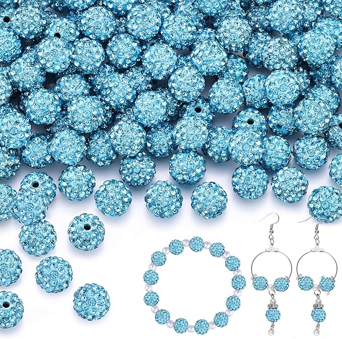 100 pcs 10mm Rhinestone Beads for Jewelry Making, Aquamarine Shiny Round Shamballa Disco Beads Bulk, Sparkle Crystal Clay Christmas for Bracelet Baseball Necklace Earring Crafting and DIY
