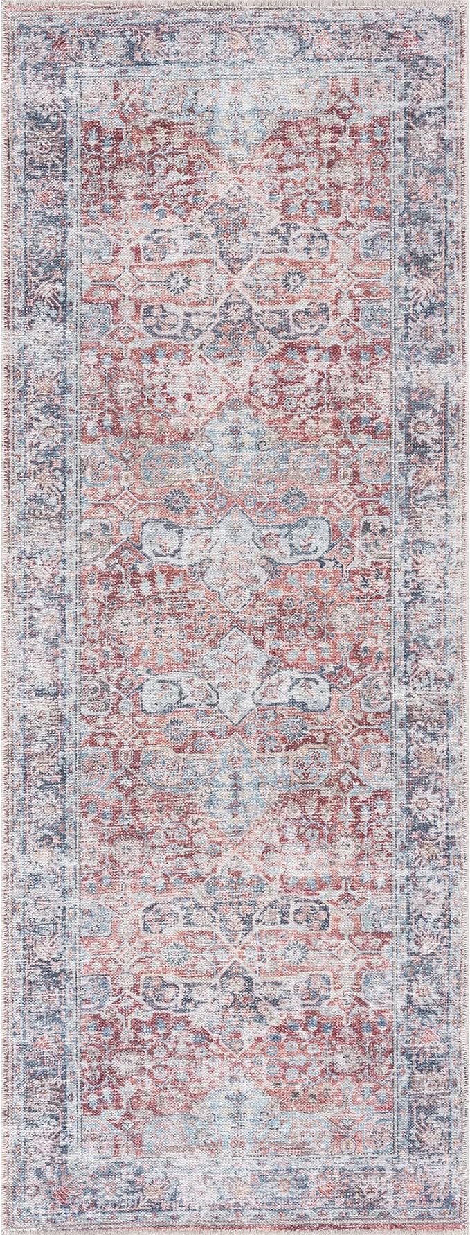 Bloom Rugs Caria Washable Non-Slip 10 ft Runner - Brick/Dark Blue Traditional Runner for Entryway, Hallway, Bathroom, and Kitchen - Exact Size: 2'6" x 10'