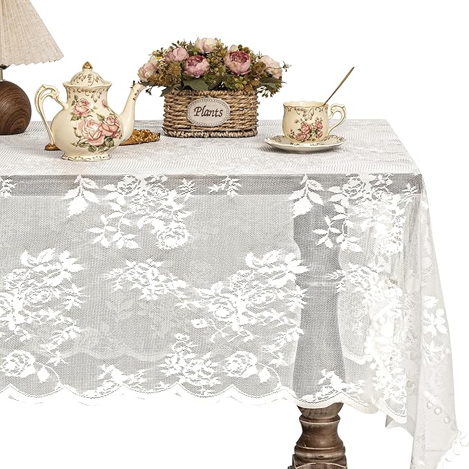 Jayla White Lace Tablecloth for Rectangular Tables, Vintage Style Wedding Table Cloths for Reception, Baby Shower, Birthday Party, Formal Dining, Dinner Parties 54 X 80 Inches