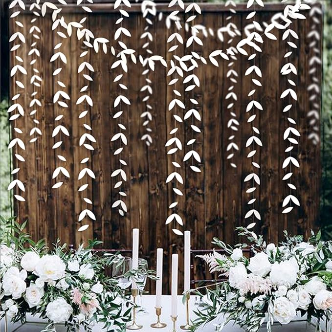 52 Ft White Party Decorations Leaf Garland Kit Paper Hanging White Leaves Streamer Banner for Wedding Engagement Bridal Shower Bachelorette Birthday Baby Shower Showcase Garden Party Decor (4 Packs)