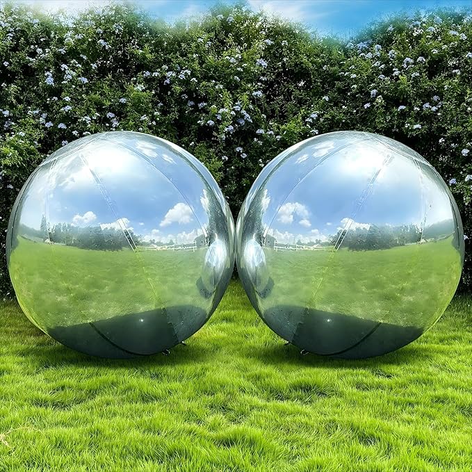 2PCS 39.4in Silver Inflatable Mirror Ball, Big Shinny Balls Reusable Large PVC Disco Ball Balloon for Large Event Decoration, Party, Concerts, Stage, Wedding Decor, Without Air Pump