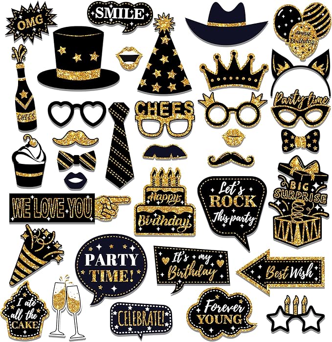 36 PCS Birthday Photo Booth Props Party Supplies Holiday Picture Decorations Photo Booth Props for Birthday Party Favors Pose Sign Kit Fun for Party (Black and Gold)