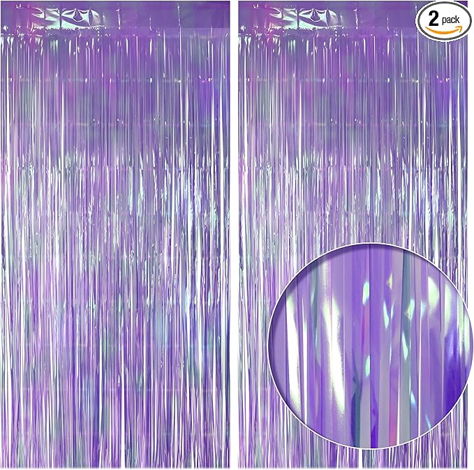 2 Pack Purple Iridescent Streamers Backdrop, 3.3x6.6ft Foil Fringe Curtains Lavender Holographic Door Tinsel Streamers for Birthday, Wedding, Holiday, Bachelorette, Theme Party Decorations