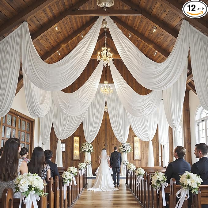PartyVillage 12 Panels 5ftx30ft White Ceiling Drapes for Wedding Parties – 30 FT Extra Long Thick Polyester Wrinkle-Free Drapery Tent Decor Decorations for Birthday Party Ceremony Stage Swag