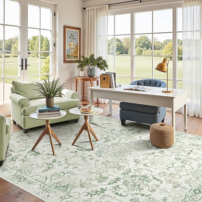 Green Area Rugs 8x10 Rugs for Living Room, Traditional Washable Rugs for Bedroom Distressed Large Area Rug Living Room Rug Non Slip Rug Carpet for Dining Nursery