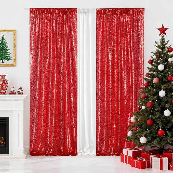 Poise3EHome 2Pcs 3Ft x 8Ft Red Sequin Backdrop Curtain for Birthday Party Baby Shower Wedding Christmas Thanksgiving Holiday Festival Decor