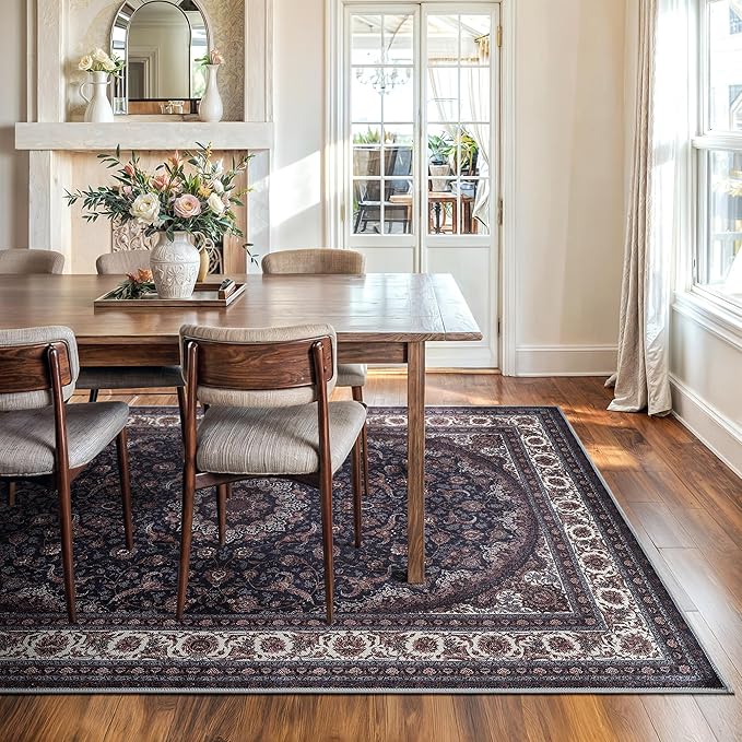 Bloom Rugs Washable Non-Slip 8' x 10' Rug - Navy Traditional Medallion Area Rug for Living Room, Bedroom, Dining Room, and Kitchen - Exact Size: 8' x 10'