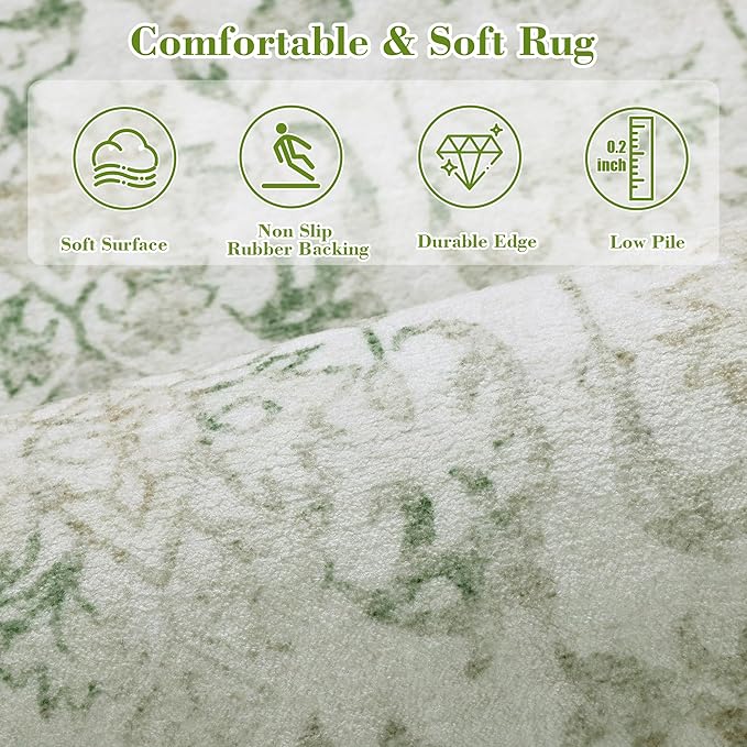Green 3x12 Runner Rug for Hallways Bed Side Kitchen, Boho Washable Distressed Low-Pile Floor Entryway Long Bathroom Mat, Non-Slip Laundry Room Washstand Front Carpet Green 36x144 Inch