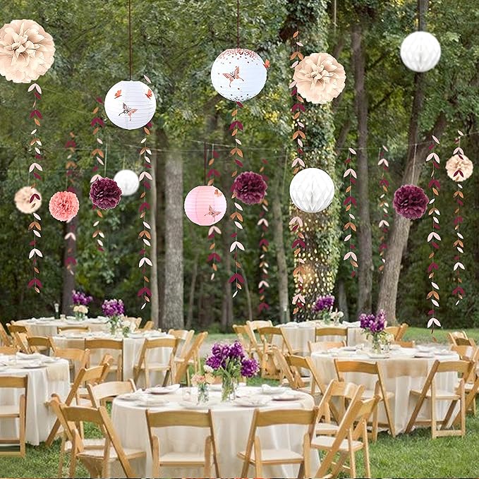 Burgundy Rose gold Pink Party Decorations Lanterns Flowers Pom Pom with 3D Butterfly Stickers and Leaf Garland Streamers for Birthday Engagement Wedding Bridal Shower Bachelorette Fall Autumn Party