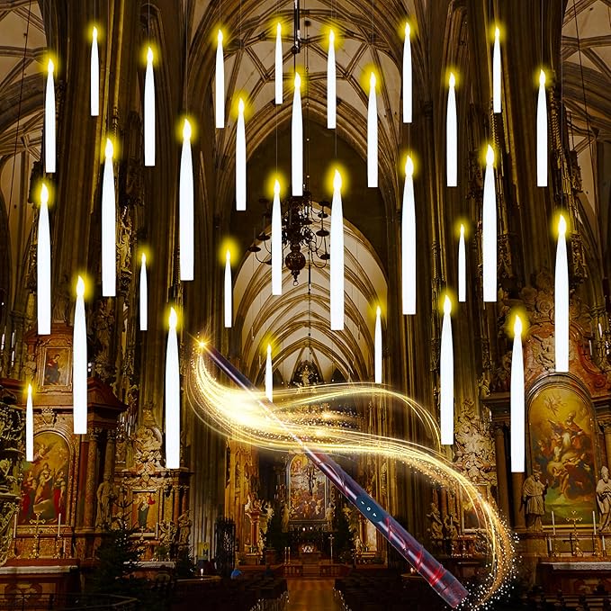 JOYIN 20Pcs Halloween Floating Candles with Wand Remote Flickering Warm Light Taper Magic Hanging Candles with 2 Light Mode and Timer Flameless LED Candle for Halloween Window Decorations Party Gift