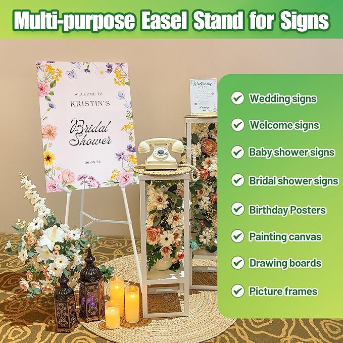 2 Pack White Easel Stand for Sign - 63" Adjustable Folding Floor Easels for Wedding Sign, Welcome Sign, Poster, Picture, Painting - Lightweight Portable Display Easels with Bags, Holds 5 lbs