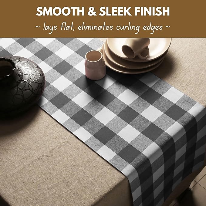 Native Fab Table Runner Buffalo Check Plaid 100% Cotton - 13x72 Inches Kitchen Dining Table Decoration for Indoor Outdoor Farmhouse Home Party Decor - Grey and White