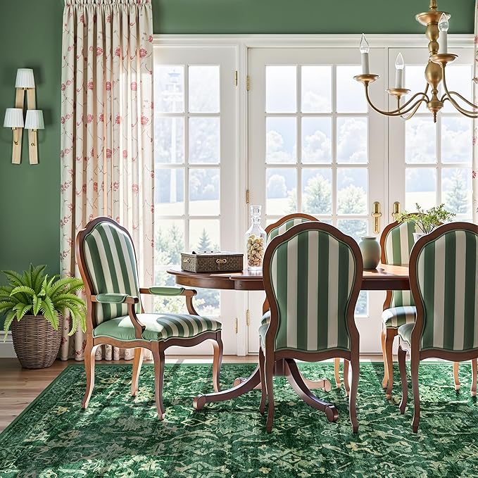 Deep Green Area Rugs 6x8 Rugs for Living Room, Washable Vintage Rugs for Bedroom, Distressed Throw Rug, Non Slip Rug Floral Carpet Green Area Rug for Bedroom Dining