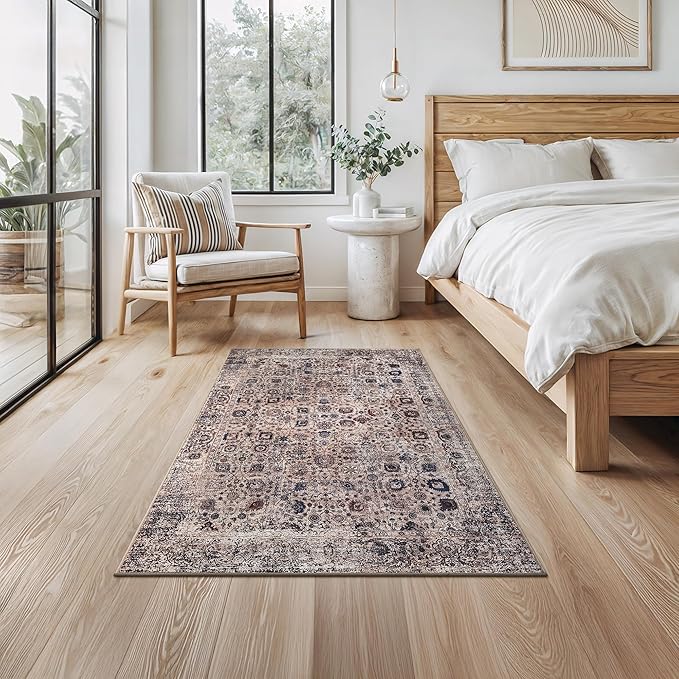 Bloom Rugs Washable Non-Slip 3' x 5' Rug - Light Tan/Blue Traditional Oriental Area Rug for Living Room, Bedroom, Dining Room, and Kitchen - Exact Size: 3' x 5'
