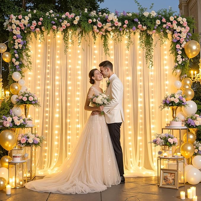 Champagne Tulle Backdrop Curtain with Lights String for Parites Wedding 10x8ft Champagne Sheer Backdrop Curtains for Bridal Shower Baby Shower Birthday Party Photo Booth Background Decorations