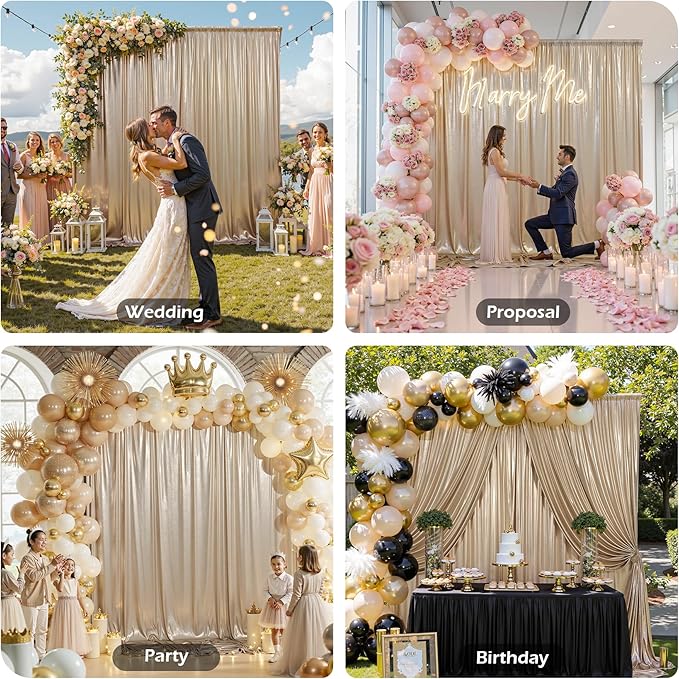 PartyVillage 20x10FT Champagne Gold Sequin Backdrop Curtain -4 Panels 5x10FT Wrinkle Free Shimmer Back Drop Cloth, Glitter Backdrop Drapes for Photography, Birthday, Wedding, Graduation Background
