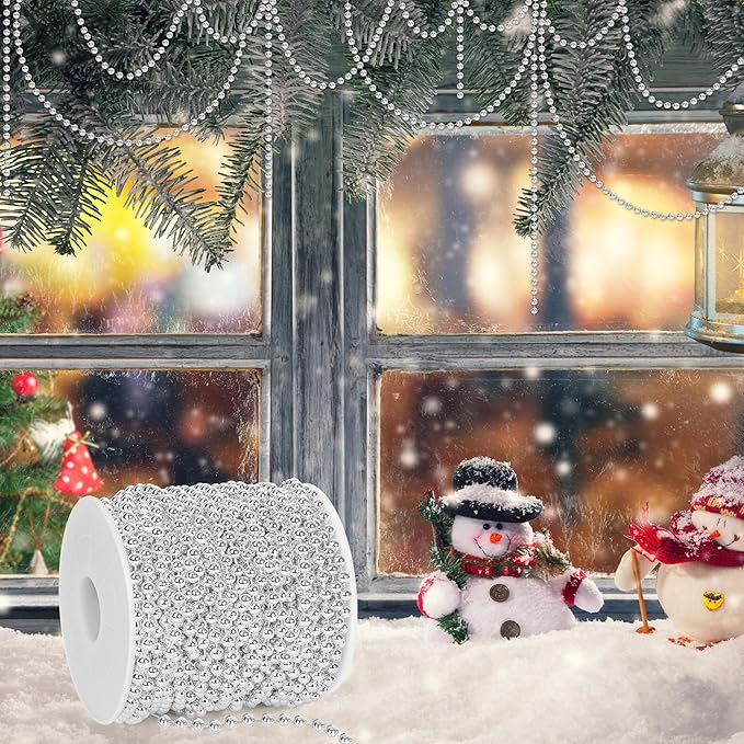 100 Feet Silver Christmas Tree Decor, Christmas Tree Garland Beads, Xmas Beads Chain Decorations Artificial Pearl Garland for DIY Xmas Fireplace Home Party Decor