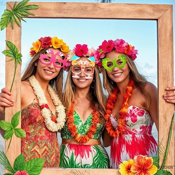 KatchOn, Tropical Hawaiian Photo Booth Props - Pack of 12,Luau Party Decorations | Luau Glasses for Hawaiian Party Decoration | Luau Photo Booth Props, Aloha Party Decoration, Summer Party Decorations