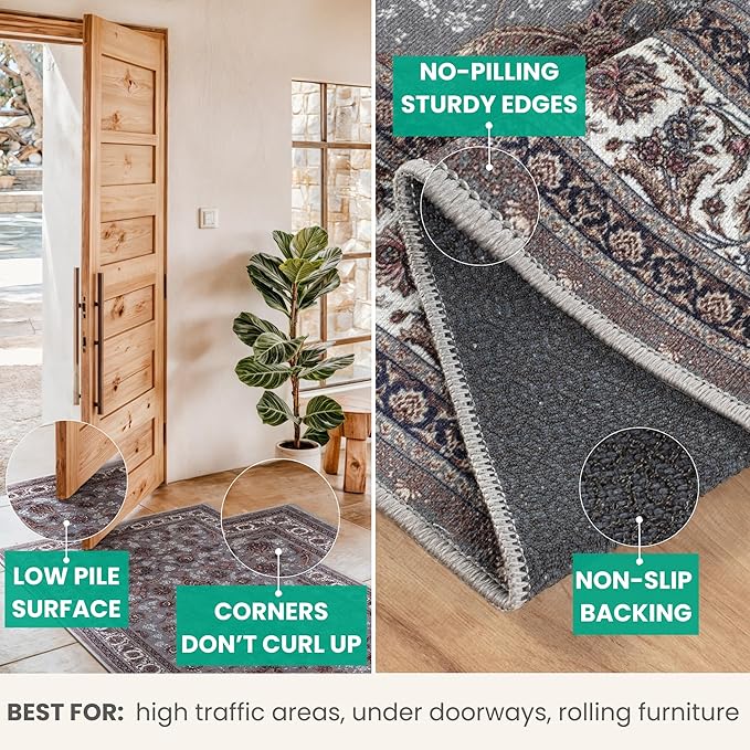 Bloom Rugs Washable Non-Slip 10 ft Runner - Slate Gray Traditional Oriental Runner for Entryway, Hallway, Bathroom, and Kitchen - Exact Size: 2.5' x 10'