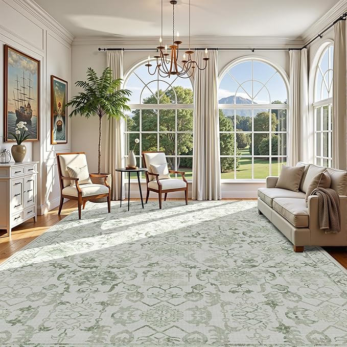 Sage Neutral Large Area Rug10x12 for Living Room, Washable Rug for Dining Room Bedroom, Anti-Slip Low-Pile and Soft Accent Rug Farmhouse Office Home Decor Light Green