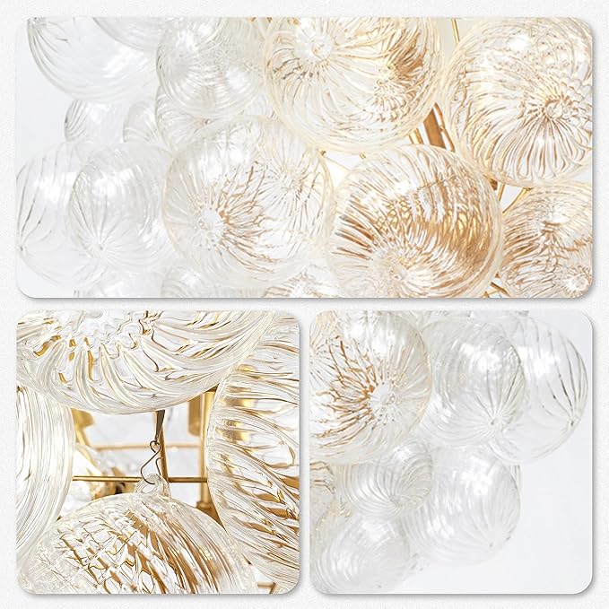 Mid Century Bubble Ball Swirled Glass Chandelier, 36 in. 2-Layer Cages Gild Gold and Clear Blown Glass Large Cluster Bbble Pendant Light Fixture for Bedroom Restaurant Dining Room