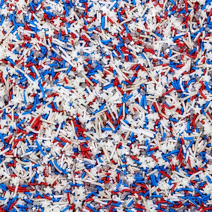 Fancy Sprinkles Superheroes, Assemble! Crunchy Jimmies, Sugar Nuggets, Mini Edible Glitter Stars, And Hexagons In Metallic Silver, Red, White, And Blue (0.25c)